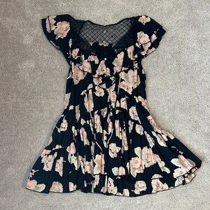 Free People Black Floral Lace Yoke Dress with Pink Flowers